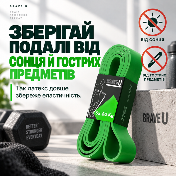 Резинка-петля для фітнесу 55&ndash;80 кг, 47 мм, зелена Brave U 12429380 фото